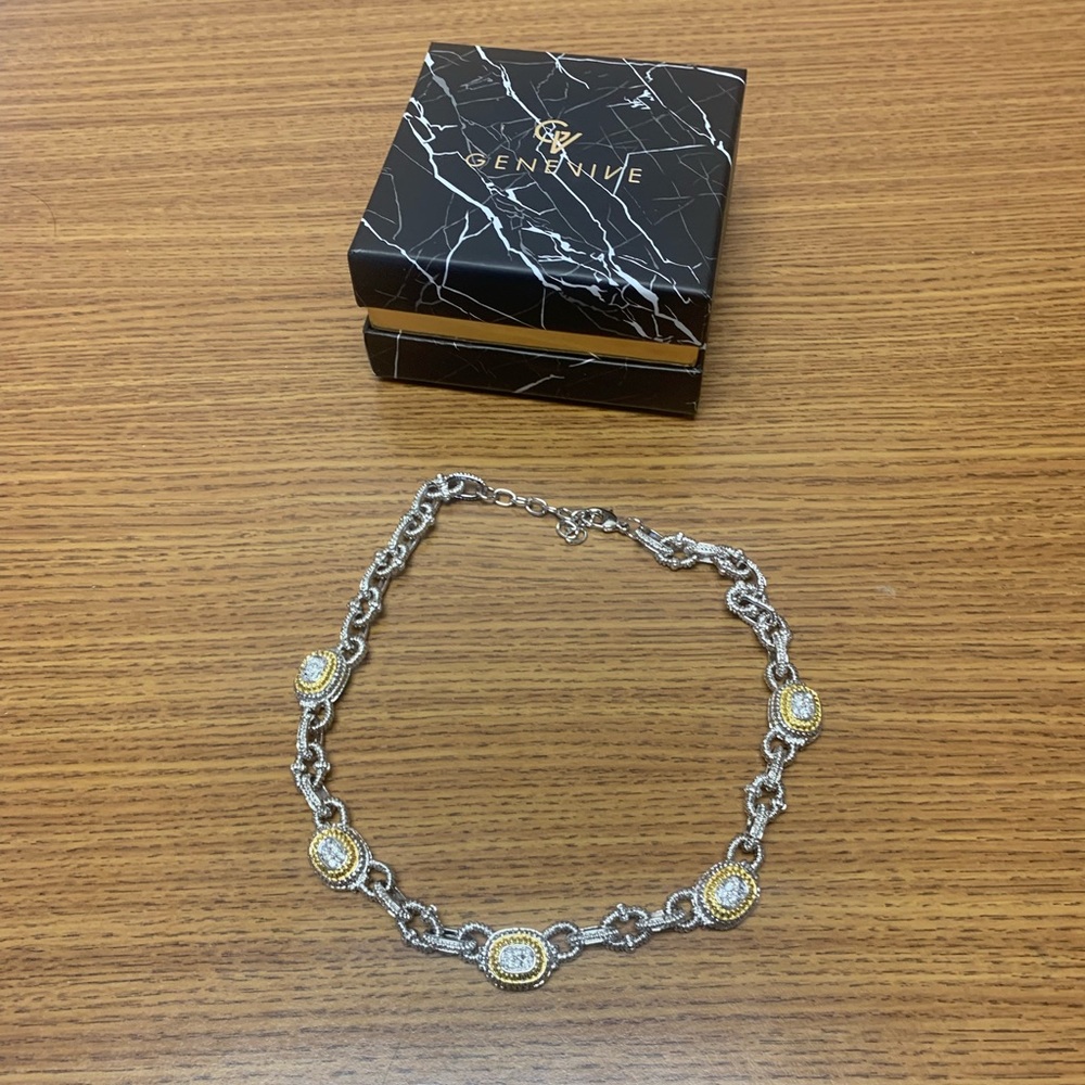 Gold, silver, crystal link necklace,